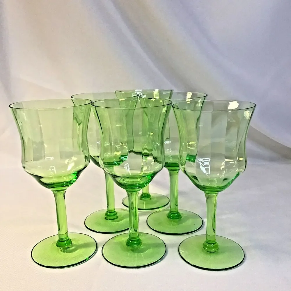 Vintage Green Optic-Panel Stem Goblet  Glasses Set Of 6